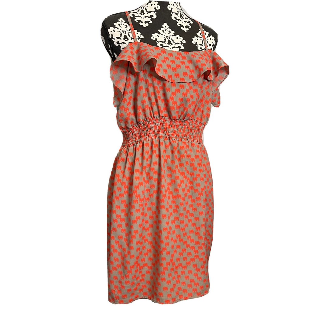 Karlie Dress Medium Coral Brown Tan Elephant Spaghetti Strap Fit & Flare Casual